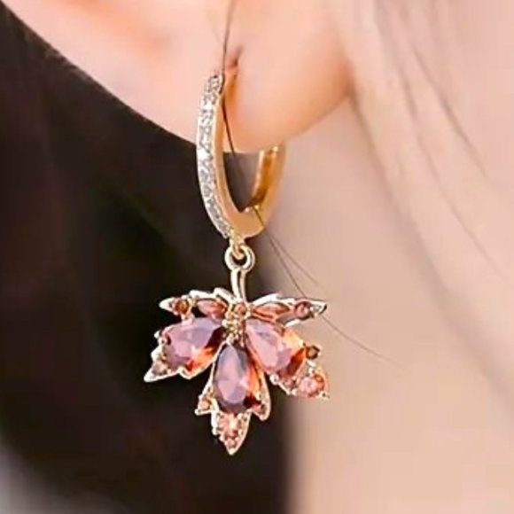 Earrings Maple Leaf Fall Harvest Dangle Leaves Gold Rhinestones Minimalist Glam - Picture 4 of 6